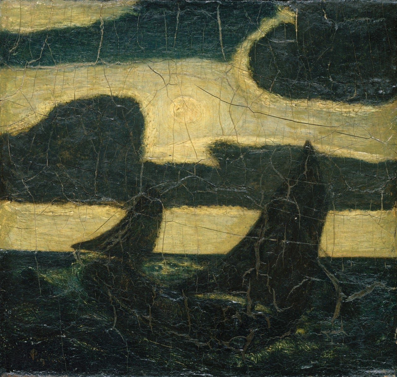 Albert Pinkham Ryder small cracked panel of two dark sails on a night sea under a clouded moon Albert Pinkham Ryder small cracked panel of two dark sails on a night sea under a clouded moon