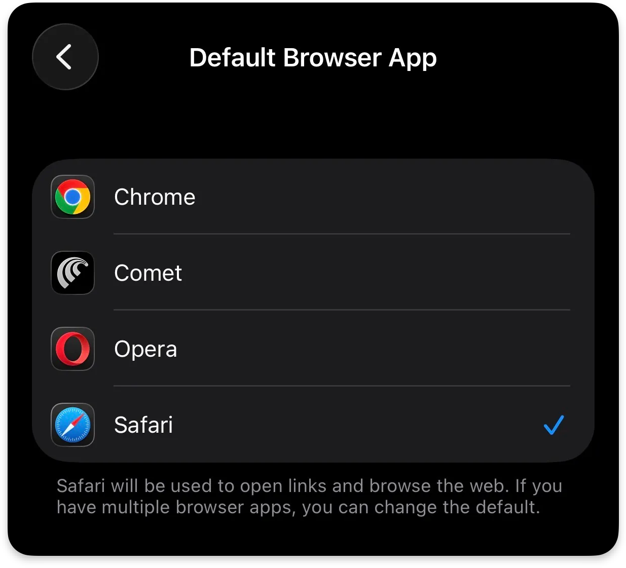iPhone settings screen showing default browser app selection with Chrome, Comet, Opera, and Safari, highlighting how AI browsers can be set as system default