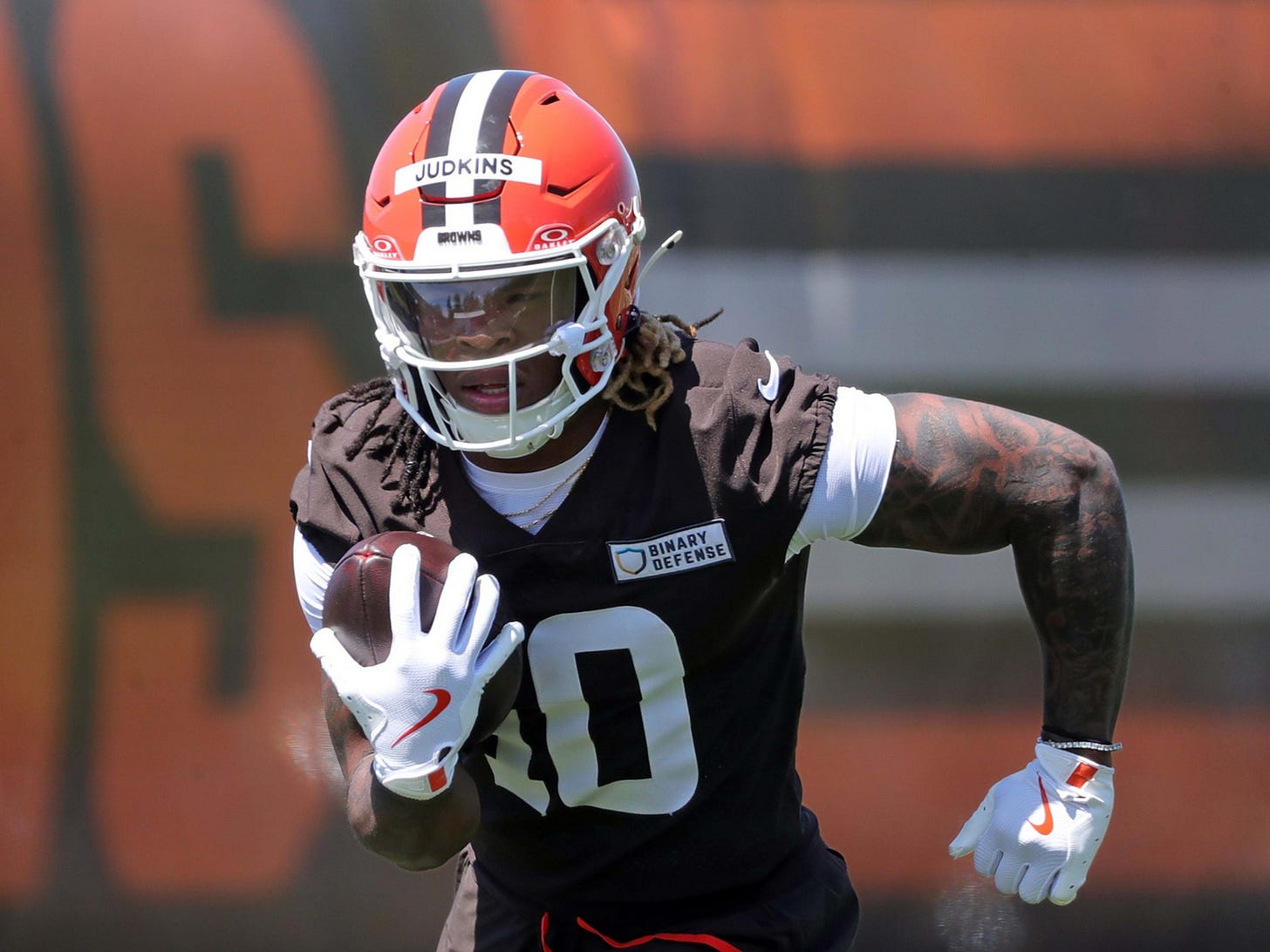 Cleveland Browns running back Quinshon Judkins runs during a Browns rookie minicamp drill at the team's training facility May 9, 2025, in Berea, Ohio. Cleveland Browns running back Quinshon Judkins runs during a Browns rookie minicamp drill at the team's training facility May 9, 2025, in Berea, Ohio.