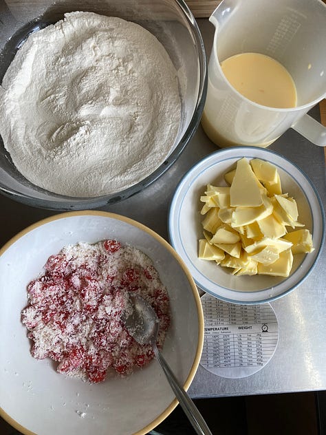 Coconut and cherry cake being made and the final slice.