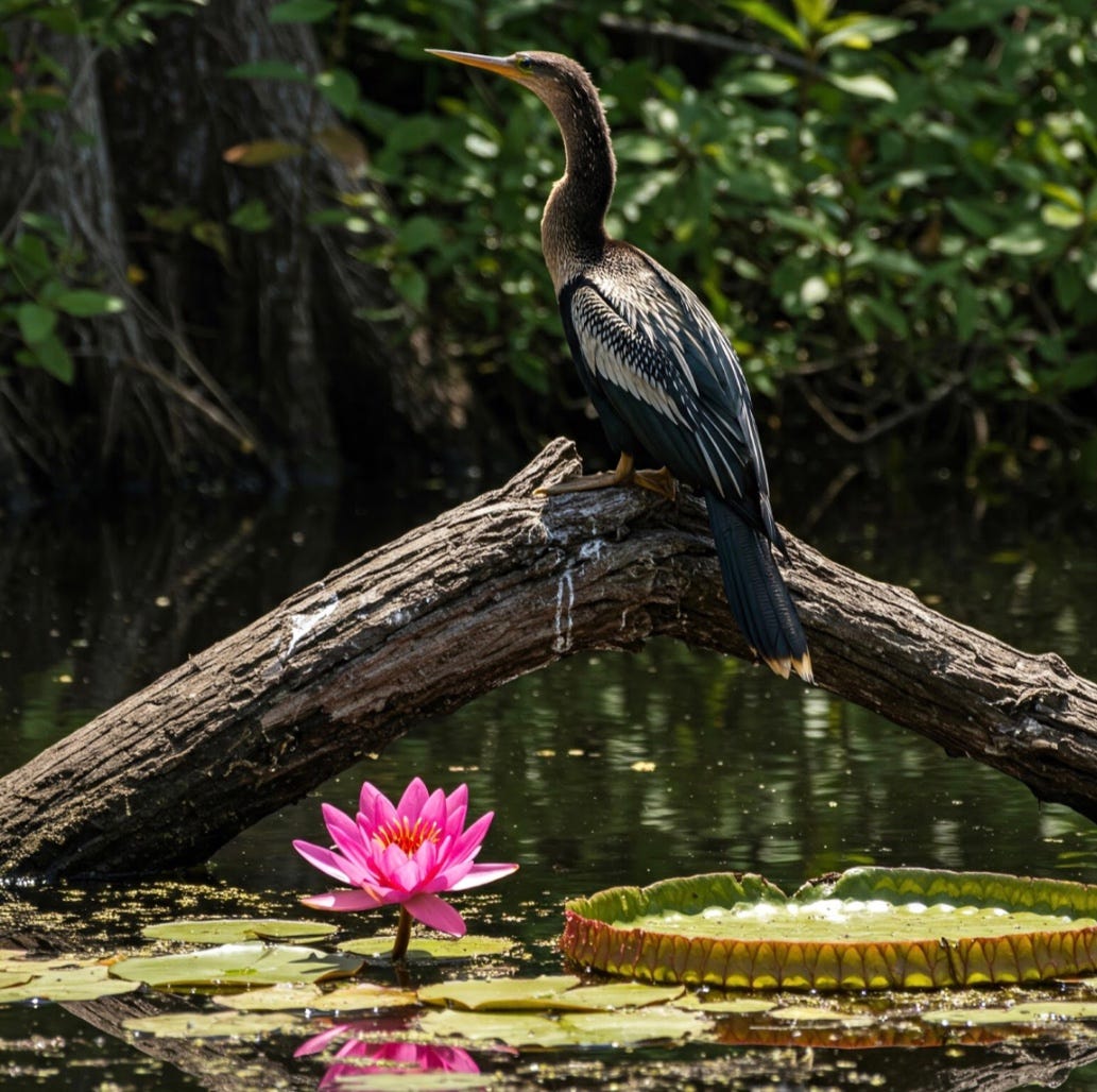 Anhinga bird drying his wings in the bayou near an invasive lily pad. Anhinga bird drying his wings in the bayou near an invasive lily pad.