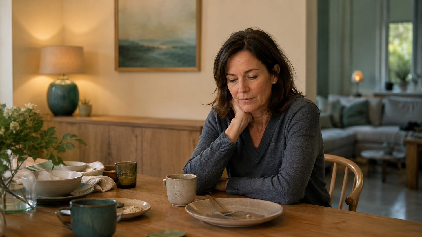 Midlife woman sitting quietly at a table after a social gathering, reflecting on people-pleasing and the cost of keeping the peace.
