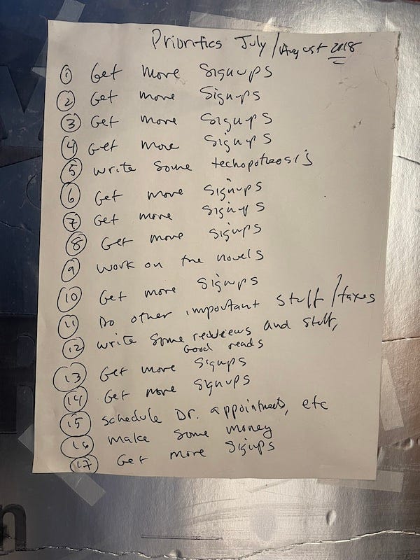 Hand-written note taped to a wall:  Priorities July/August 2018 1. Get more signups.  2. Get more signups.  3. Get more signups.  4. Get more signups.  5 write some technopotheosis 6 Get more signups.  7 Get more signups.  8 Get more signups.  9 Get more signups.  10 Get more signups.  11 Do other important stuff/taxes 12 write some reviews & stuff, goodreads 13 Get more signups.  14 Get more signups.  15 schedule dr appointments, etc 16 make some money 17 Get more signups.