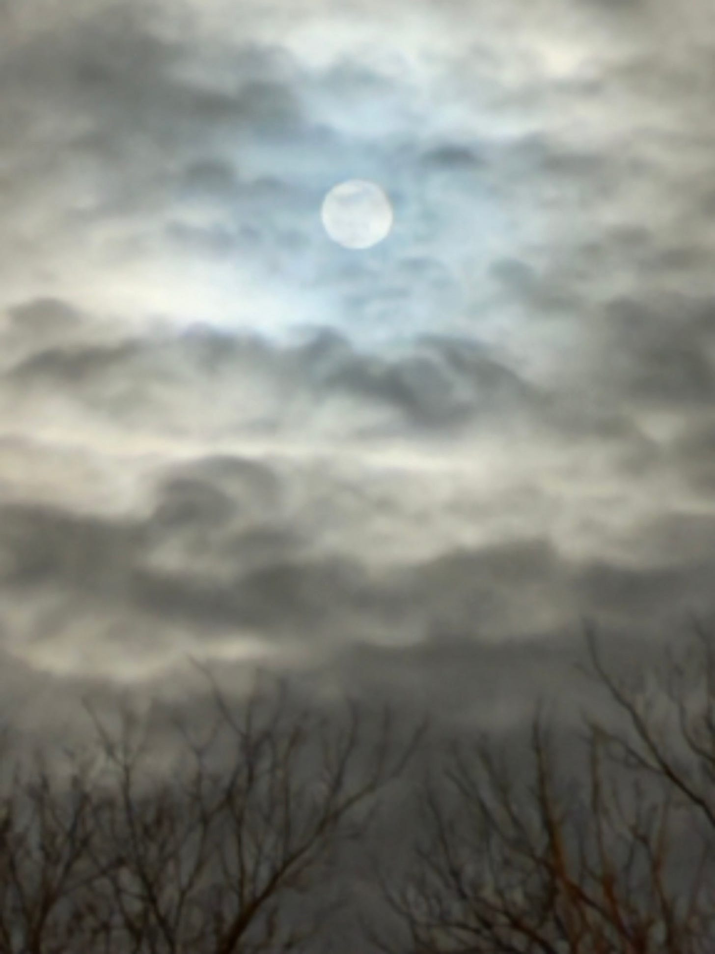 photo of full moon through clouds with bare treeline at bottom