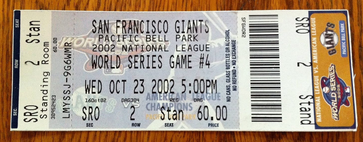 A standing room only (SRO) ticket to World Series Game 4 on October 23, 2002 in San Francisco. The price is $60.