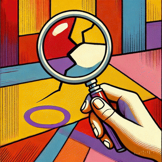 A colorful illustration depicting a hand holding a magnifying glass, focusing on a cracked surface in a vibrant, abstract background.