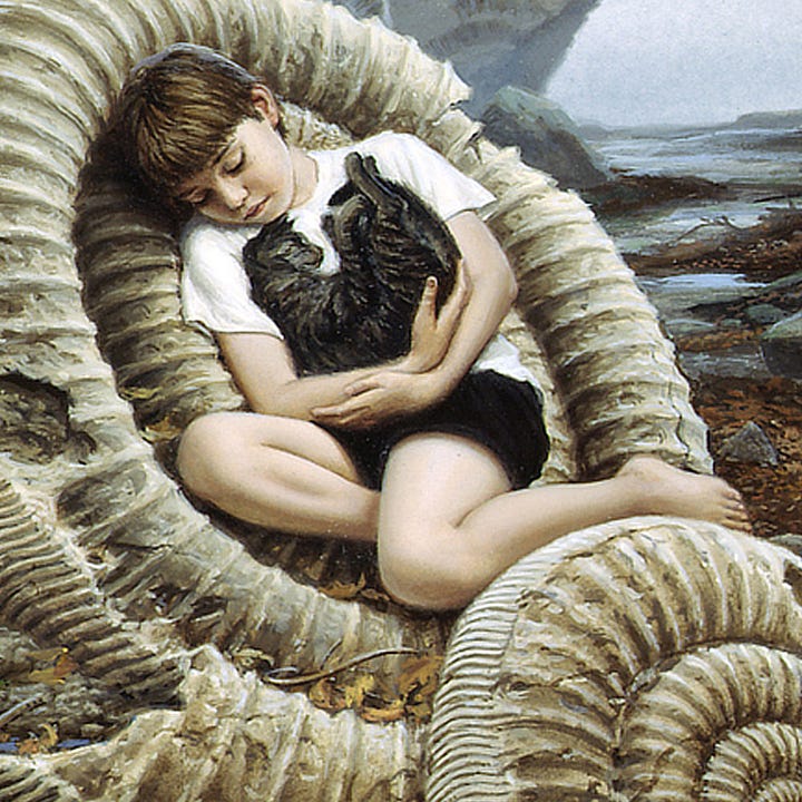 LEFT: Detail from GENTLENESS featuring Adrian resting against an ammonite fossil while cradling a tabby cat with gray and black fur. He's framed by the inner spiral and his left leg rests against the curve of a smaller fossil in the immediate foreground. Russet leaves gather at the base of the ammonite and form a trail behind it, giving way in patches to damp stone in a winding path leading to the hazy gray horizon.  RIGHT: Figure detail from GENTLENESS featuring a young Adrian cradling the aging cat family cat. He rests against an ammonite fossil in an autumnal forest setting. The gray tabby contrasts the white of his t-shirt as he rests his cheek against his shoulder with the cat curled in his arms.