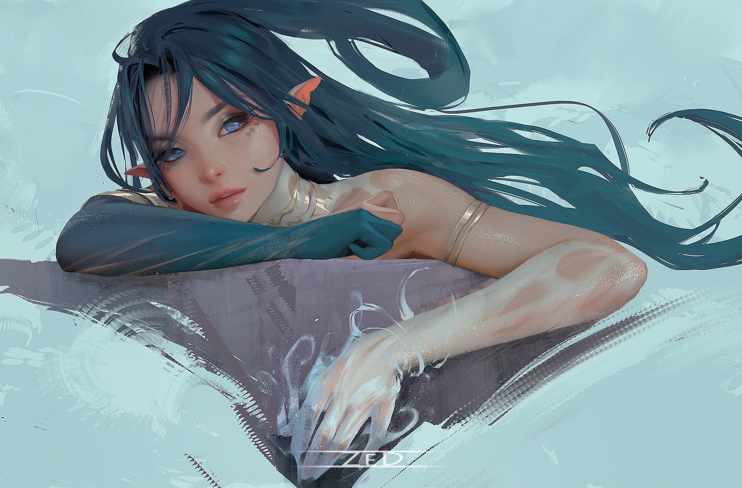 General 1920x1262 Trungbui digital art artwork illustration women blue eyes pointy ears long hair fantasy art fantasy girl simple background looking at viewer