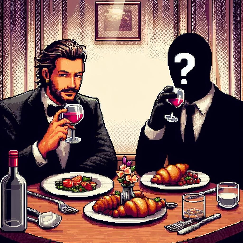 necesito una imagen en 16 bits de una persona cenando con otra, pero una de ellas parece un personaje incognito de un videojuego completamente en negro y con un signo de interrogacion