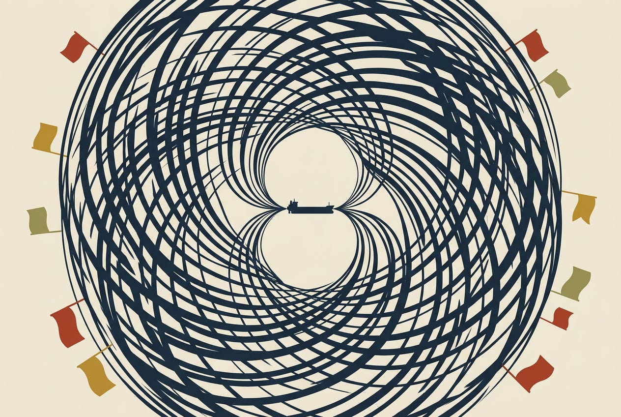 A dark whirlpool of shipping lanes and pipeline routes converges on two narrow straits rendered as the vortex's throat, viewed from directly above like a satellite image gone abstract. Eleven flag-like shapes spin loosely around the outer rim of the spiral, unevenly spaced and drifting apart rather than aligned, while a single oil-tanker silhouette sits stalled at the pinch point where the lanes narrow to almost nothing. The mood is contained pressure and quiet incoherence — a system that reads as unified from a distance and comes apart at the centre. No people or faces, no text anywhere in the image. A dark whirlpool of shipping lanes and pipeline routes converges on two narrow straits rendered as the vortex's throat, viewed from directly above like a satellite image gone abstract. Eleven flag-like shapes spin loosely around the outer rim of the spiral, unevenly spaced and drifting apart rather than aligned, while a single oil-tanker silhouette sits stalled at the pinch point where the lanes narrow to almost nothing. The mood is contained pressure and quiet incoherence — a system that reads as unified from a distance and comes apart at the centre. No people or faces, no text anywhere in the image.