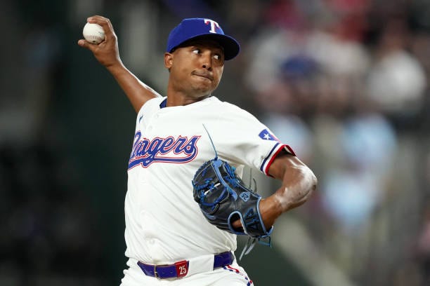 José Leclerc of the Texas Rangers pitches during the sixth inning \N at Globe Life Field on September 03, 2024 in Arlington, Texas.