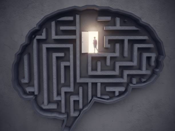 big idea concept, the woman open the door in the maze-shaped brain - cognition bildbanksfoton och bilder
