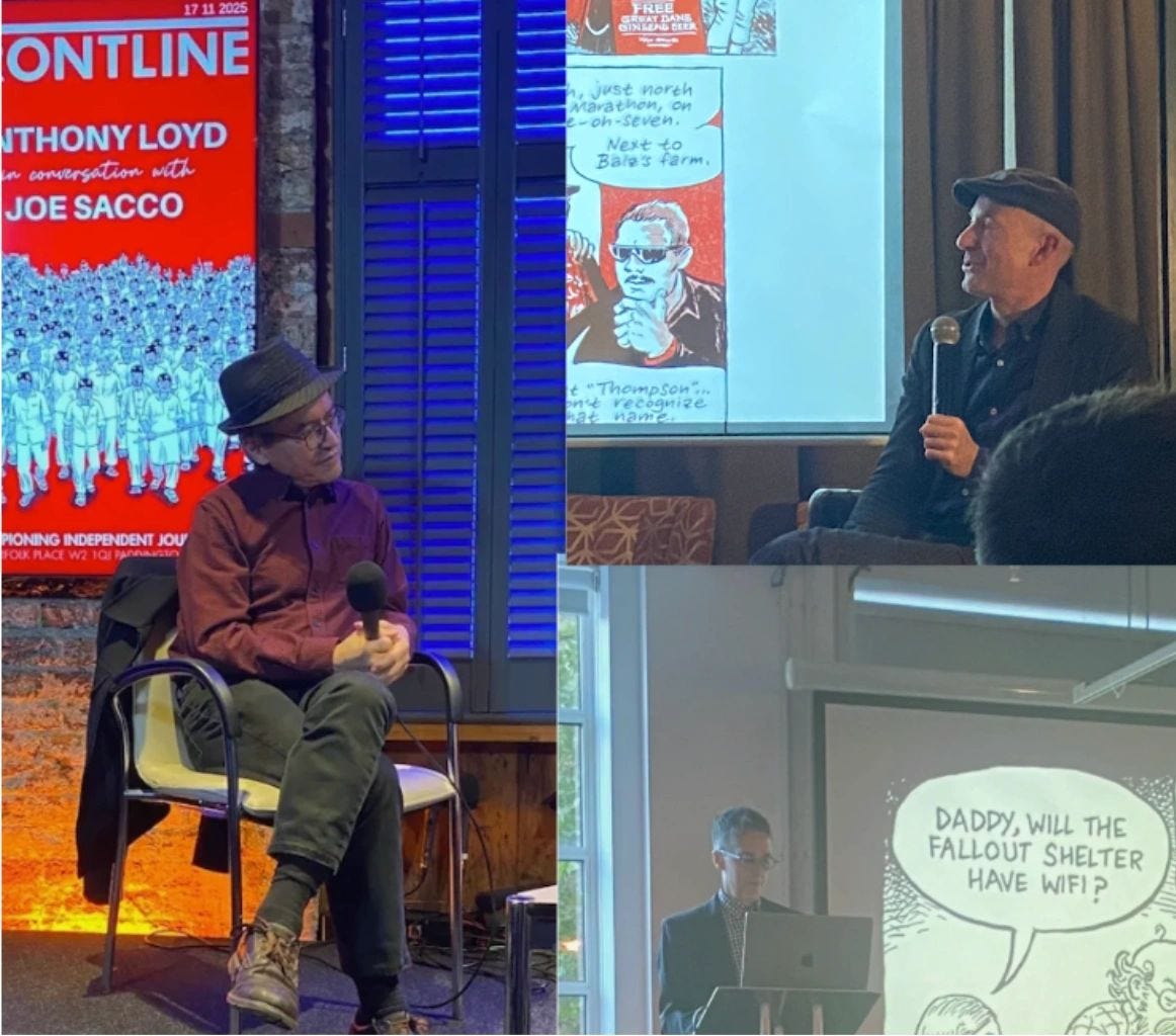 From left to right:  Joe Sacco at the Frontline Club, London, launching Once Upon a Riot  Craig Thompson at his launch for Ginseng Roots  Alison Bechdel at a London event for Spent