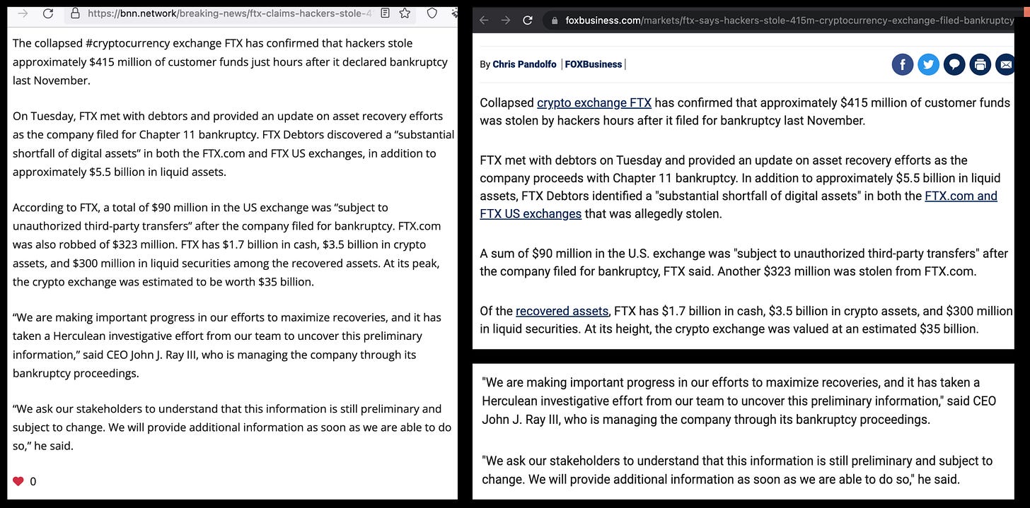 paragraphs from a BNN article on FTX's collapse, and paragraphs from a similar Fox News article the BNN article was presumably copied from