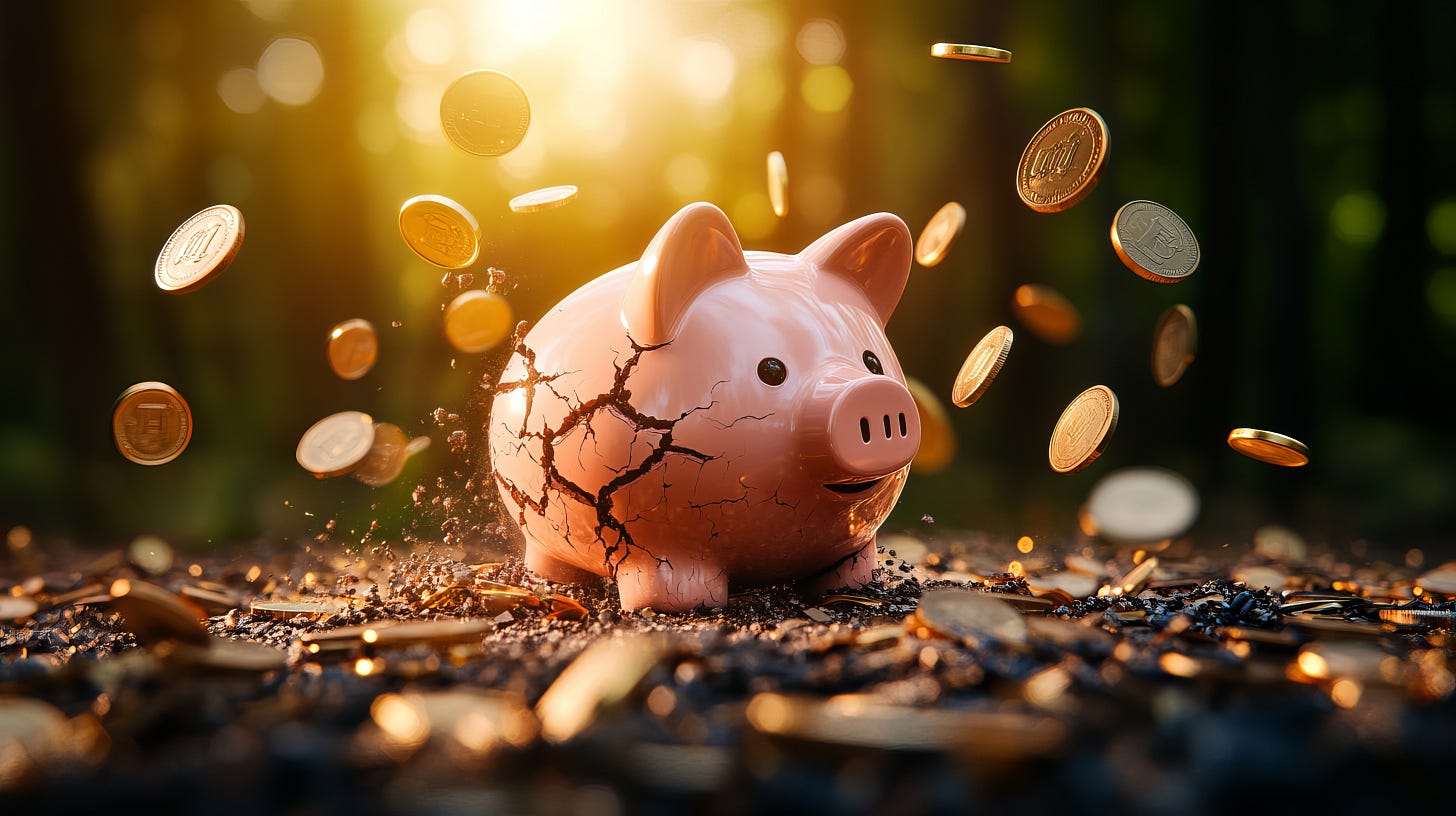 piggy bank cracking open and coins flying around in bright light piggy bank cracking open and coins flying around in bright light