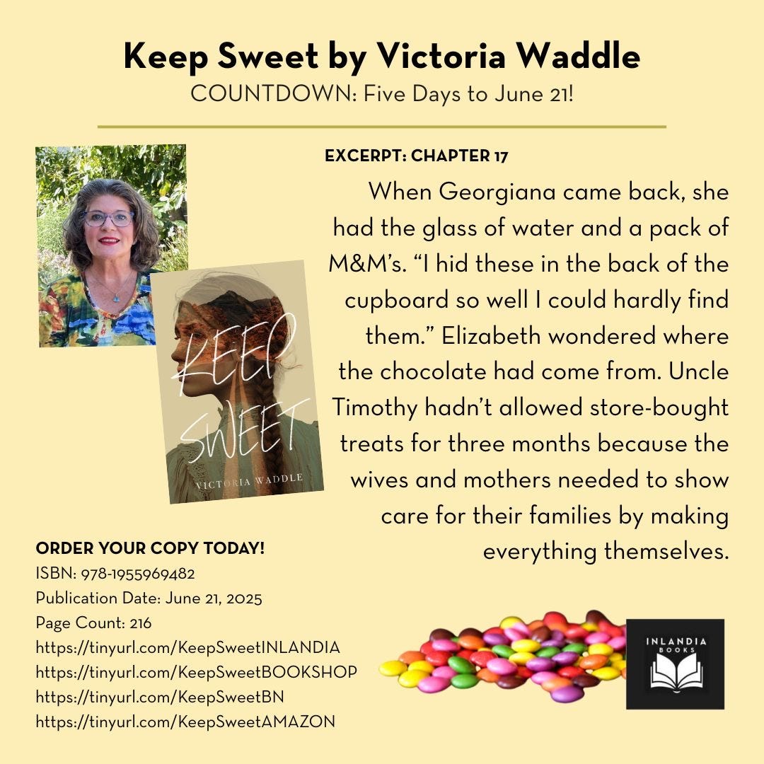 Photo of the author (salt and pepper hair, blue eyes, glasses; the book cover of “Keep Sweet,” described in alt text above; a photo of M&Ms; book ordering information; an excerpt from Chapter 17: “When Georgiana came back, she had the glass of water and a pack of  M&M’s. ‘I hid these in the back of the cupboard so well I could hardly  find them.’ Elizabeth wondered where the chocolate had come from. Uncle Timothy hadn’t allowed store-bought treats for three months because  the wives and mothers needed to show care for their families by making  everything themselves.”