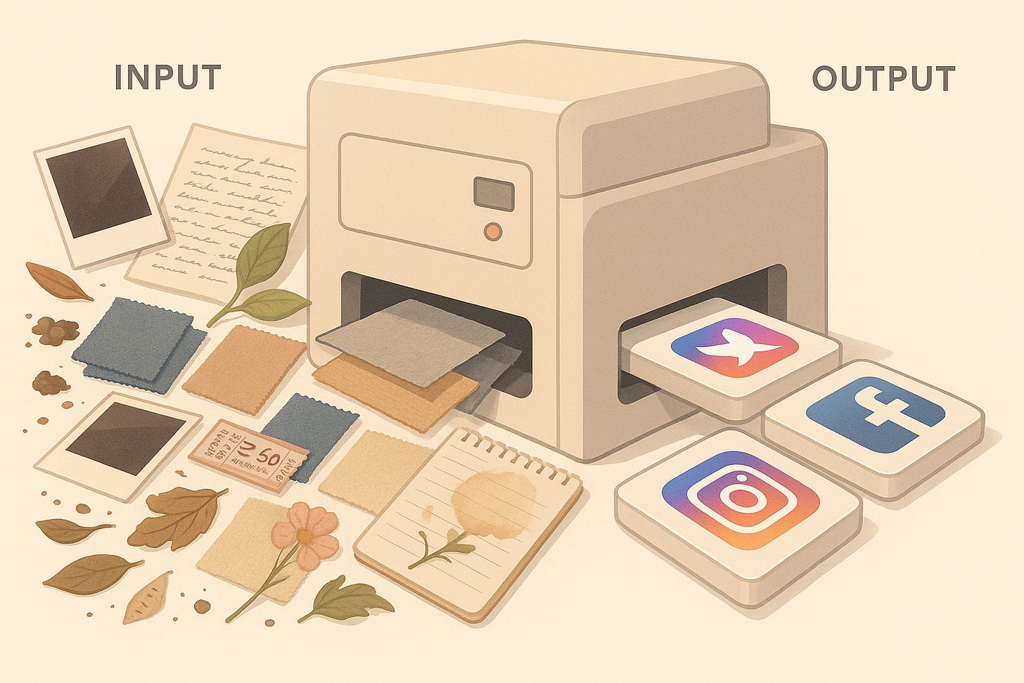 Illustration of a machine turning rich, textured real-world materials — photos, letters, fabric, memories — into flat social-media icons. Visual metaphor for the drift principle: high-fidelity human experience being compressed into low-fidelity digital outputs, capturing synthetic realness, filter fatigue, and the broader optimization trap.