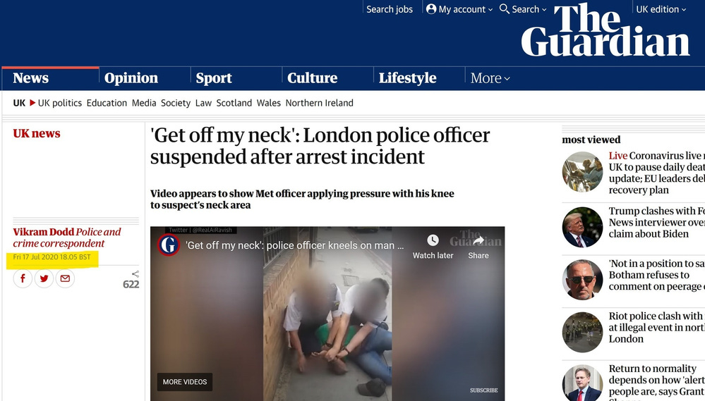   Guardian: 'Get off my neck': London police officer suspended after arrest incident