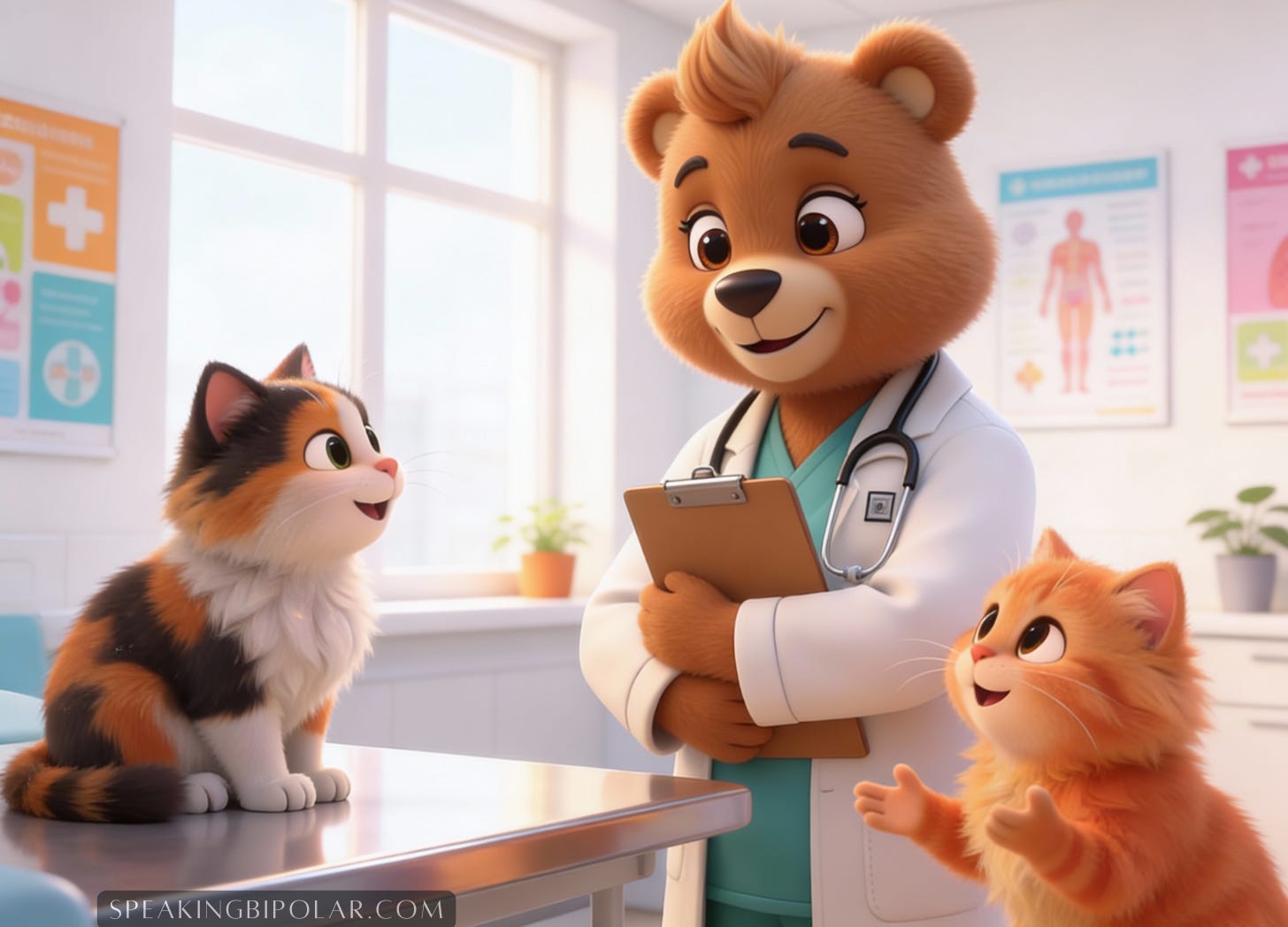 Illustration of 3 smiling cartoon animals. Two cats are talking in a doctor’s office while a bear dressed like a doctor listens. Illustration of 3 smiling cartoon animals. Two cats are talking in a doctor’s office while a bear dressed like a doctor listens.