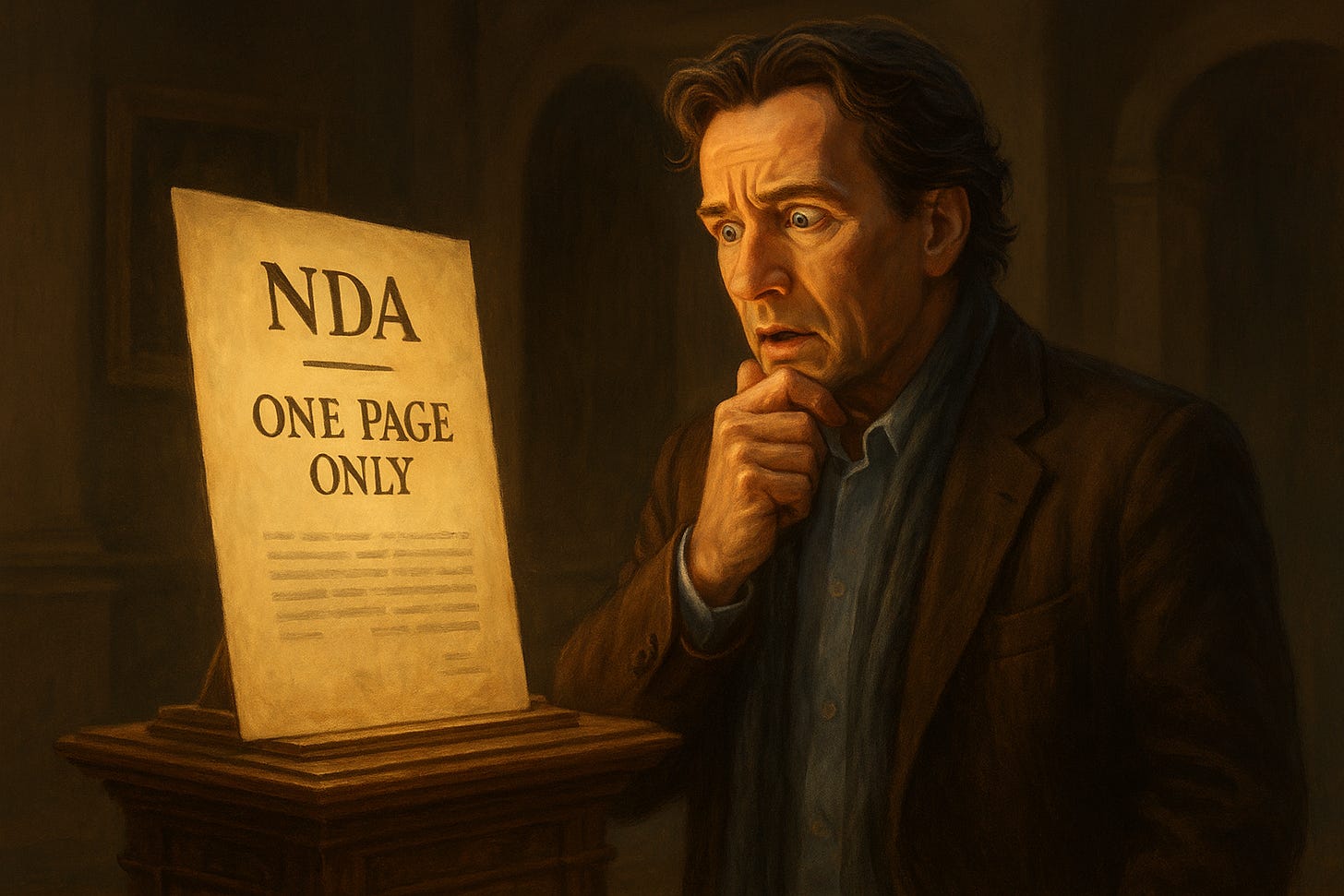 Homem surpreso observa um documento jurídico iluminado que diz “NDA — One Page Only”, em cena de estilo misterioso.