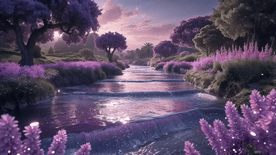 Lush Israelite garden, flowing with the waters of life, surrounded by Lilac Jacaranda trees and Camphire, depicting Song of Solomon 5:1 KJV. 