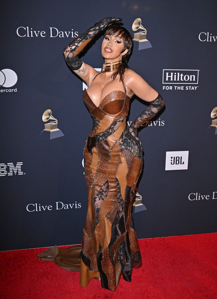 Cardi B Rocks a Mullet and Patchwork Dress at Pre-Grammy Gala - Parade:  Entertainment, Recipes, Health, Life, Holidays