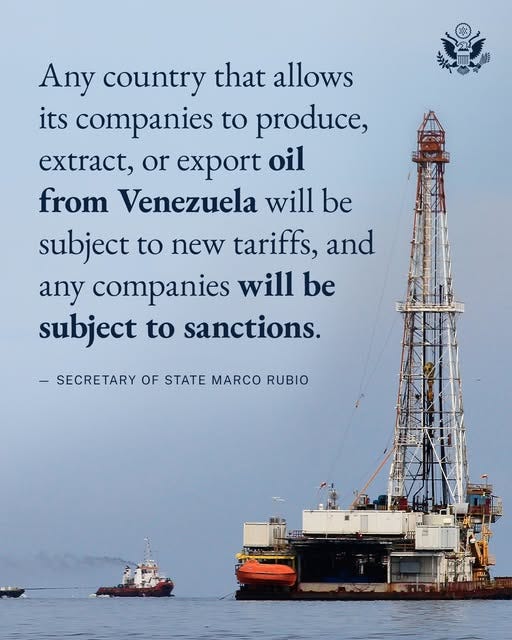 An oil rig the Lake Maracaibo in Venezuela with graphic text: Any country that allows its companies to produce, extract, or export oil from Venezuela will be subject to new tariffs, and any companies will be subject to sanctions. — Secretary of State Marco Rubio  (Photo © JOSE ISAAC BULA URRUTIA)