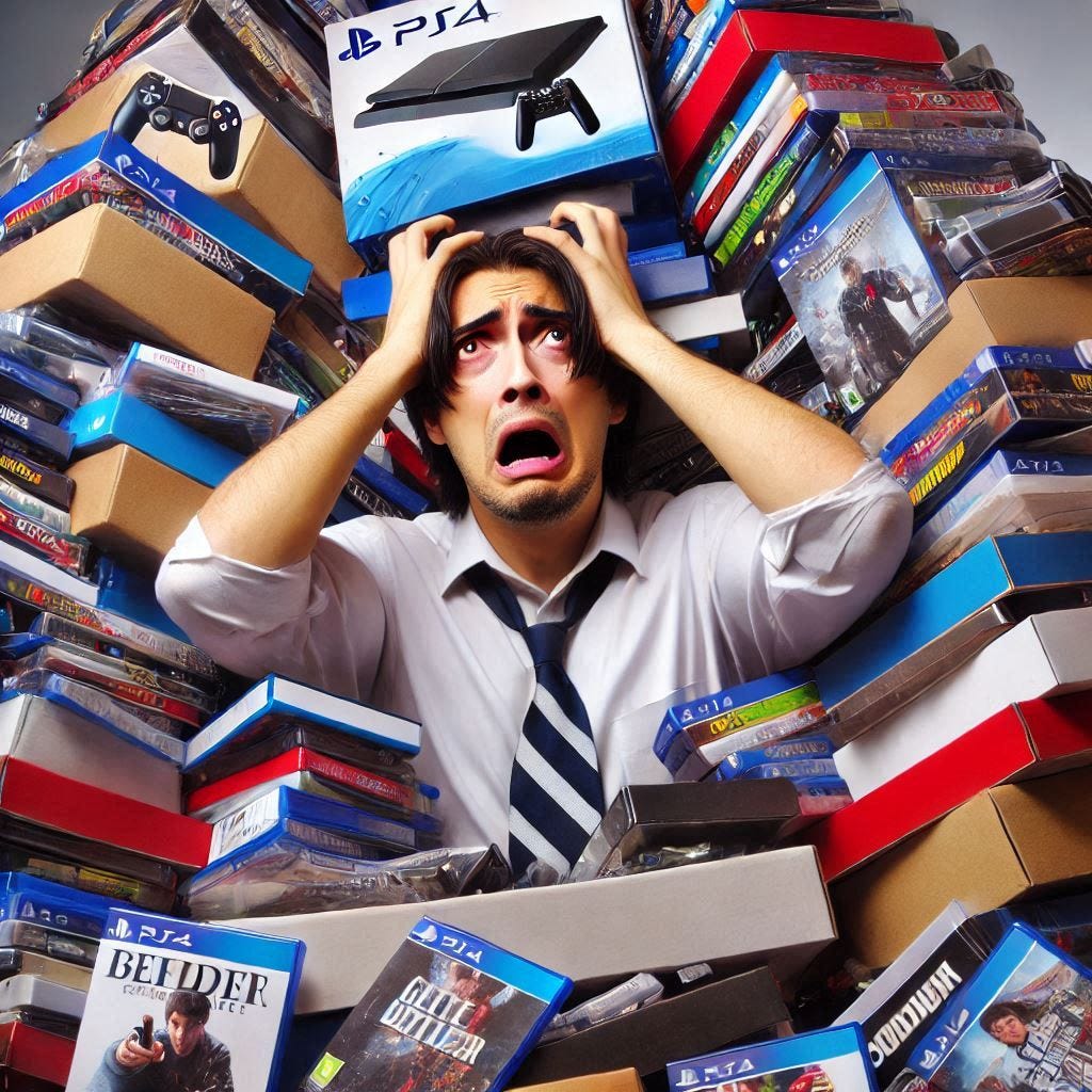 a person overwhelmed by holding many video games packages a person overwhelmed by holding many video games packages