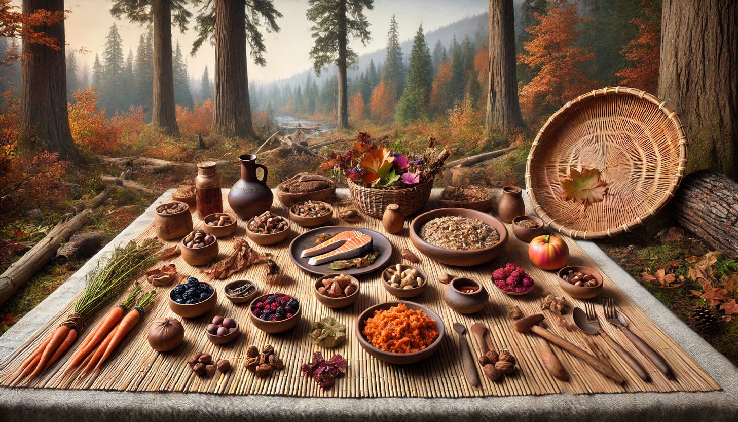 List of Dishes and Ingredients:    1. Roasted Salmon:  • Freshly caught salmon, roasted over an open fire.  2. Camas Root:  • Cooked camas bulbs, traditionally pit-roasted for sweetness.  3. Dried Berries:  • Huckleberries, salal berries, and elderberries, dried for preservation.  4. Hazelnuts:  • Locally harvested and served raw or roasted.  5. Acorn Mush:  • Ground and leached acorn meal, cooked into a porridge-like consistency.  6. Wapato Tubers:  • Boiled or roasted starch-rich tubers, often called “Indian potatoes.”  7. Smoked Venison:  • Thinly sliced, smoked deer meat for flavor and preservation.    Additional Elements:    • Serving Tools: Cedar bark baskets, woven mats, and wooden trays.  • Decor: Pacific Northwest forest setting with evergreen trees, fallen leaves, and a rustic, natural ambiance.