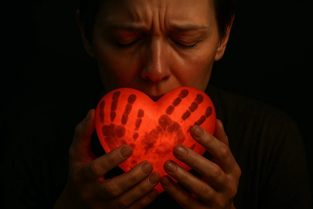 A person holds a glowing red heart close to their face with eyes closed and a pained expression. The heart is marked by two dark handprints, symbolizing emotional impact or past trauma. The dark background emphasizes the intensity of the moment and the symbolic weight of holding onto pain.