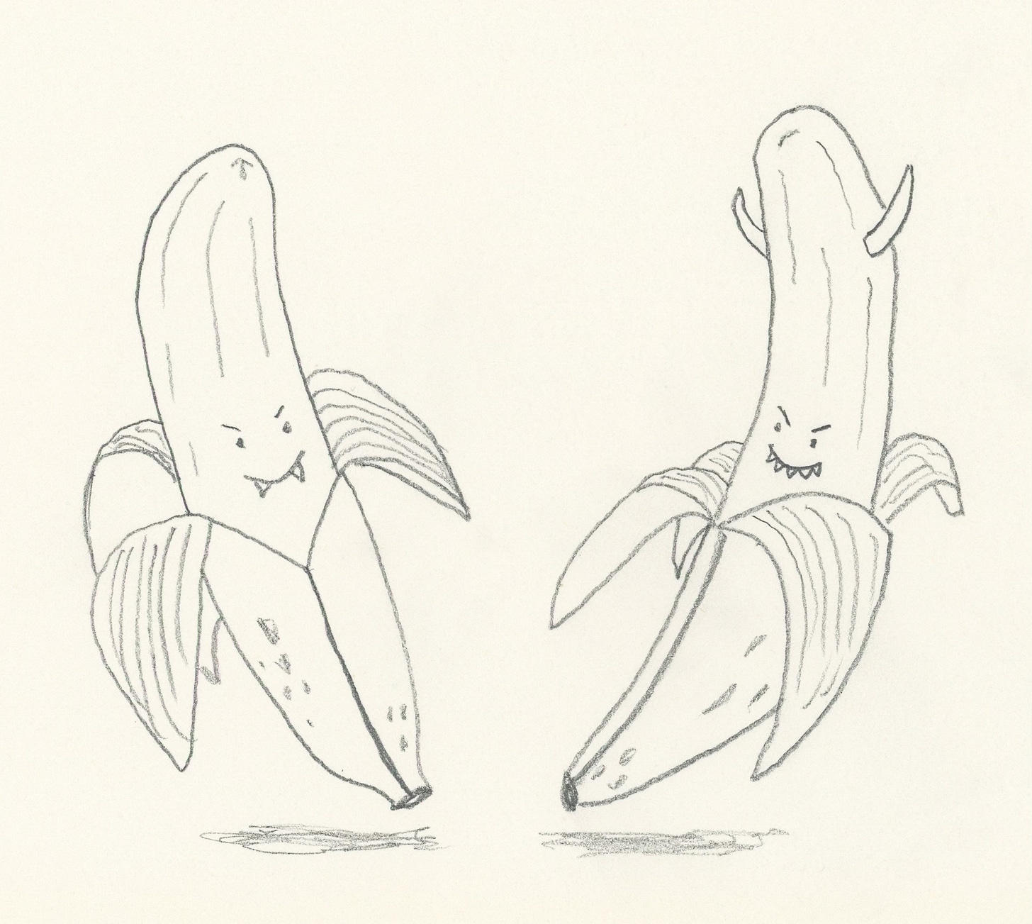 a pencil drawing of two half peeled bananas. the one on the right has vampire teeth, and the one on the left has devil horns. they are both smiling, but also both have frowny eyebrows.