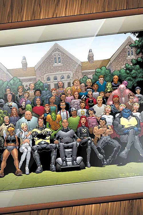 A group photo of X-Men in uniforms and regular outfits sitting in front of the camera in 5 rows, with Professor X front and centre, in front of the school's building
