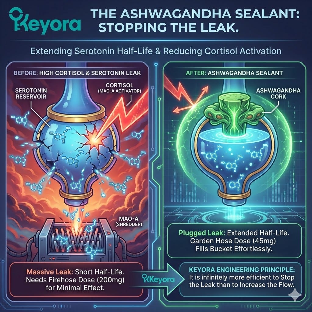 The Ashwagandha Sealant secures Neurological Sovereignty by modulating the Cortisol-MAO-A axis, extending Serotonin half-life and plugging the metabolic leak. The Ashwagandha Sealant secures Neurological Sovereignty by modulating the Cortisol-MAO-A axis, extending Serotonin half-life and plugging the metabolic leak.