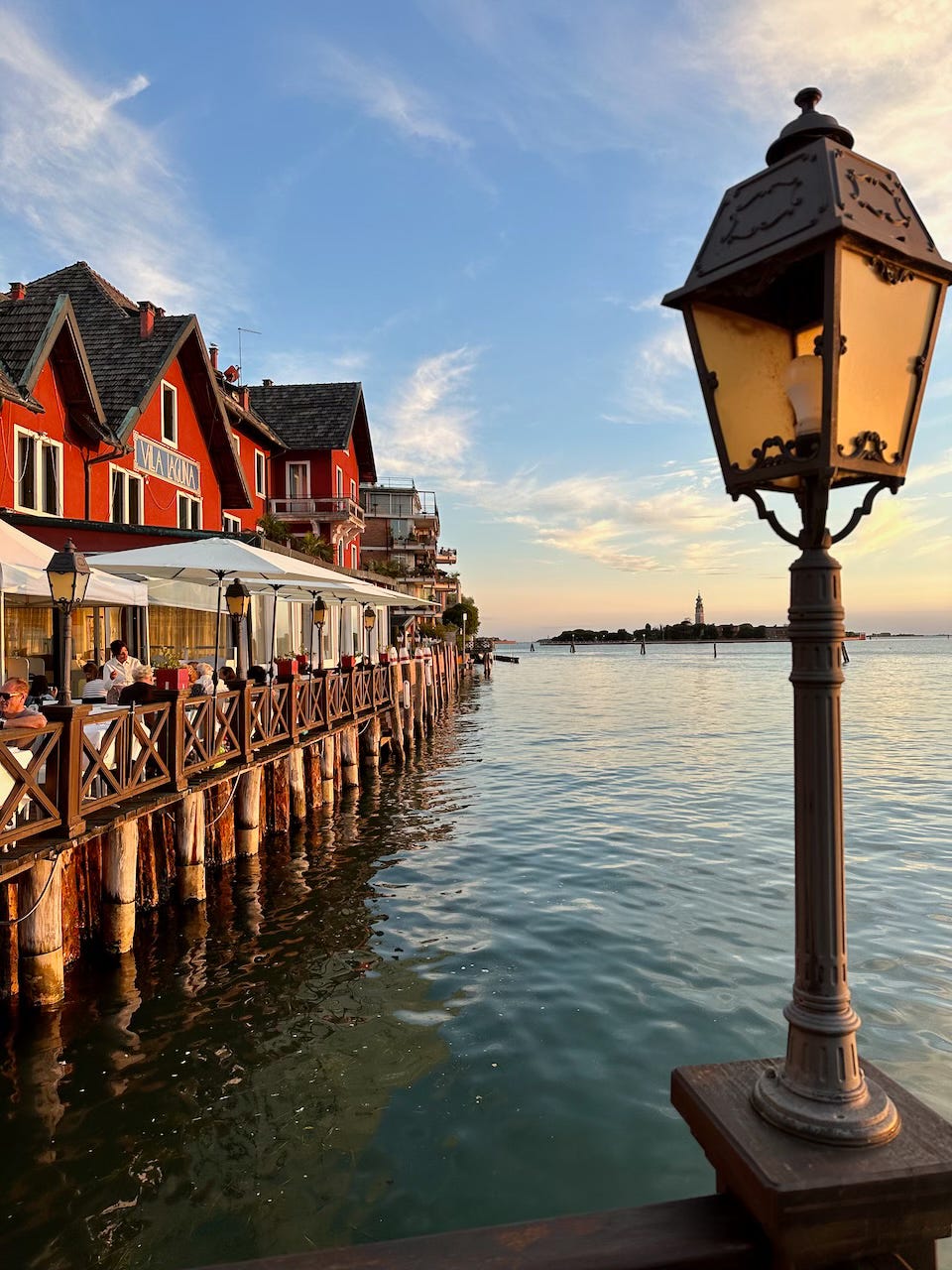 Sunset view towards the Hotel Villa Laguna, Lido venice
