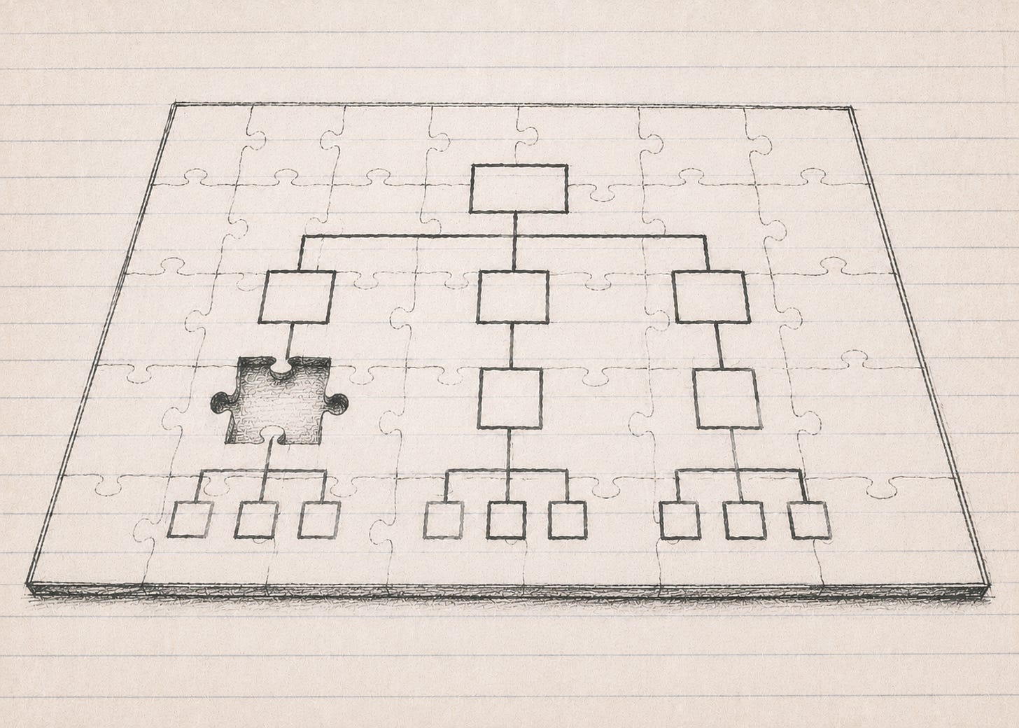 Hand-drawn puzzle containing an organizational chart with a missing piece positioned over a middle-management role on one branch of the company structure, symbolizing a gap that needs to be filled. Hand-drawn puzzle containing an organizational chart with a missing piece positioned over a middle-management role on one branch of the company structure, symbolizing a gap that needs to be filled.