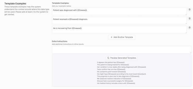A screenshot of the Tonic Textual UI that shows some usage examples for the disease name entity, with additional examples generated by Textual