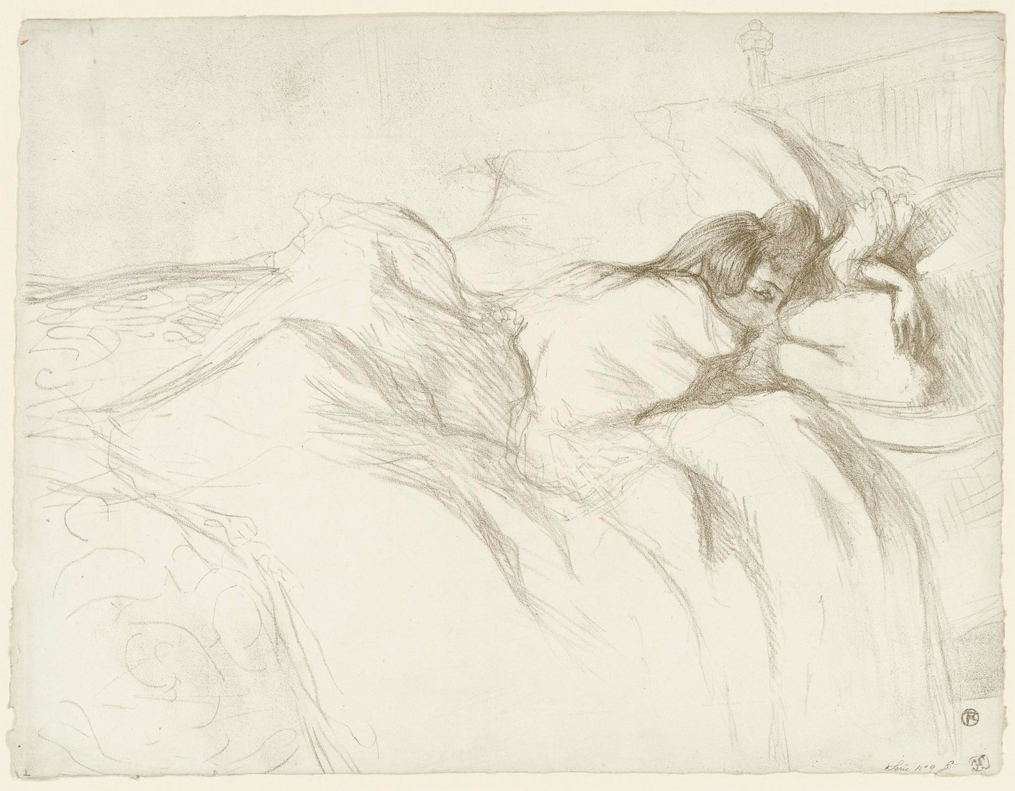 ID: Rough sketch graphite drawing of a girl in bed lying belly down, glancing over at the viewer, her body covered with a pile of blankets ID: Rough sketch graphite drawing of a girl in bed lying belly down, glancing over at the viewer, her body covered with a pile of blankets