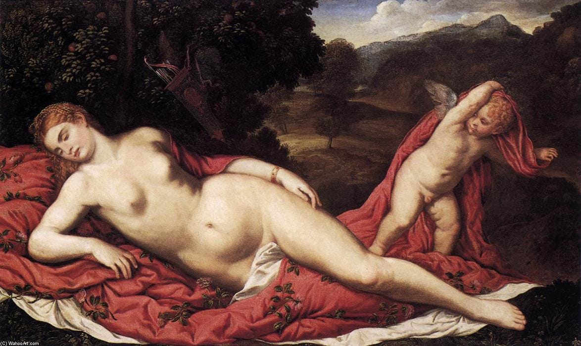 Wikioo.org - The Encyclopedia of Fine Arts - Painting, Artwork by Paris Bordone - Sleeping Venus with Cupid