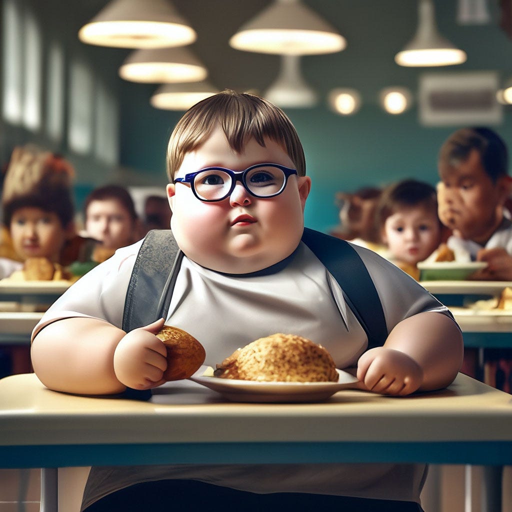 Can I have more? Fat kid with glasses in a T-shirt, sitting in the school  …" — image created in Shedevrum