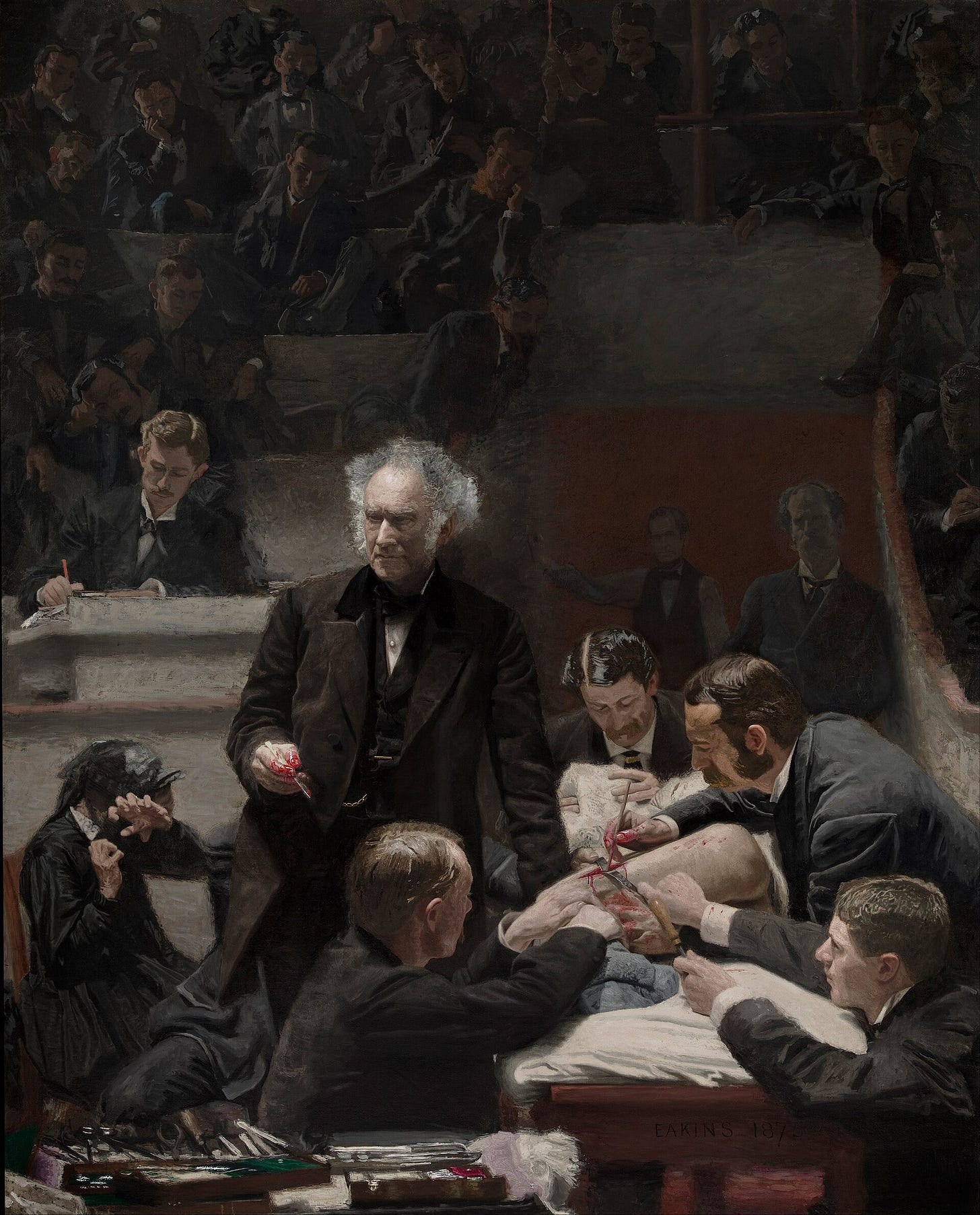 A gray-haired surgeon in a black coat turns from an operating table toward a dark amphitheater, while his team bends over a patient and a woman at left covers her eyes. A gray-haired surgeon in a black coat turns from an operating table toward a dark amphitheater, while his team bends over a patient and a woman at left covers her eyes.