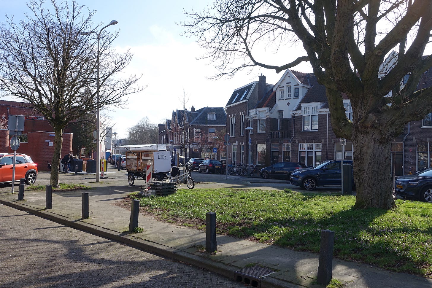 The bike and trailer are parked on a public square. At the centre of the square is a grassed area with a very large mature tree in the middle. The bike and trailer are parked on the edge of the grassed area. 