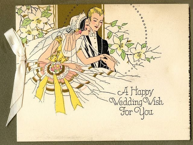 This may contain: a happy wedding wish for you card with an image of a bride and groom on it