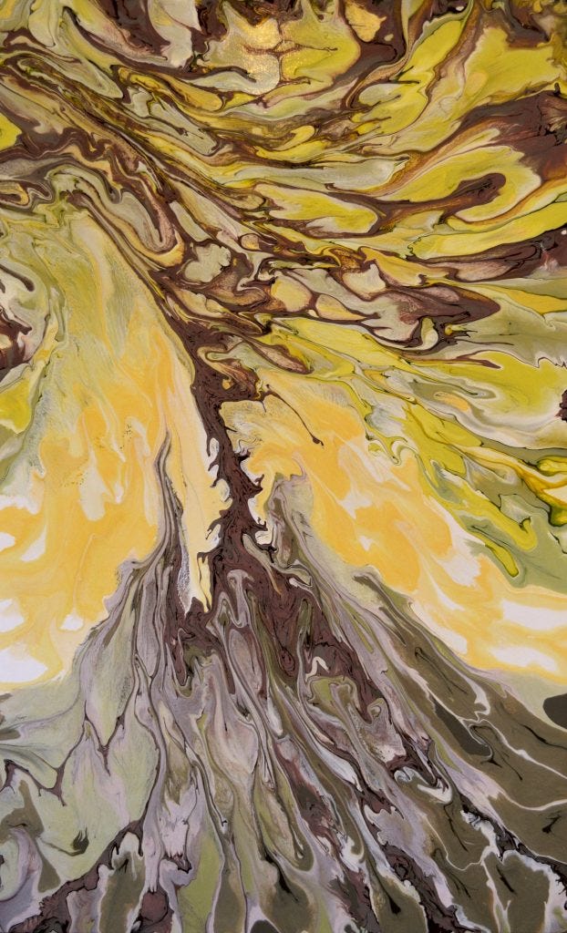An oak, being pulled by the wind. The leaves are in browns and yellows. The sky is yellow. The base is deep green and brown. Original artwork by Anna Loscotoff.