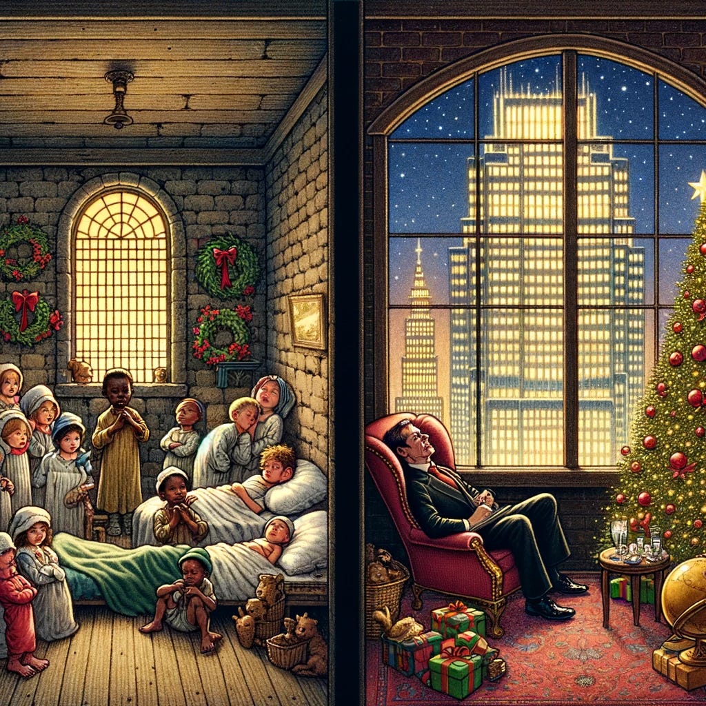 Destitute children sleeping in cots on the left with billionaire celebrating christmas on the right
