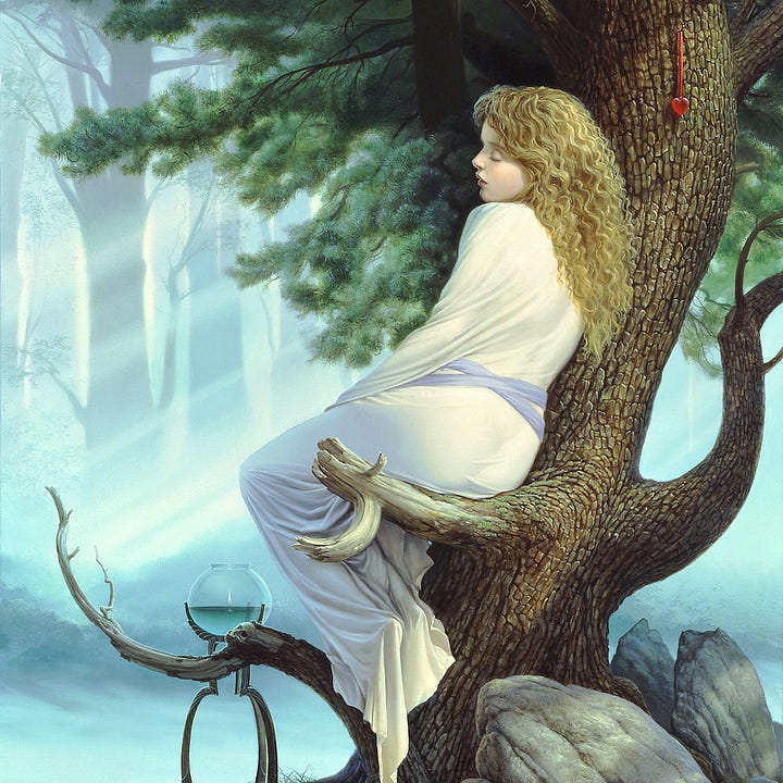LEFT: Figure detail from RIVER featuring a woman in white diaphanous gown resting against a tree trunk. She’s seated on a broken branch mostly stripped of bark. Lost in contemplation, her eyes are pressed closed. A red glass heart hangs from the tree trunk, pinned by the ribbon it hangs on. RIGHT: Close detail from RIVER featuring a glass vessel half filled with water. A solitary flame burns above the surface. The vessel stands on three legs with a misty background behind it. The broken end of a tree limb intersects the bottom, and close examination of that knob of wood reveals the top of a human skull revealed beneath the bark.