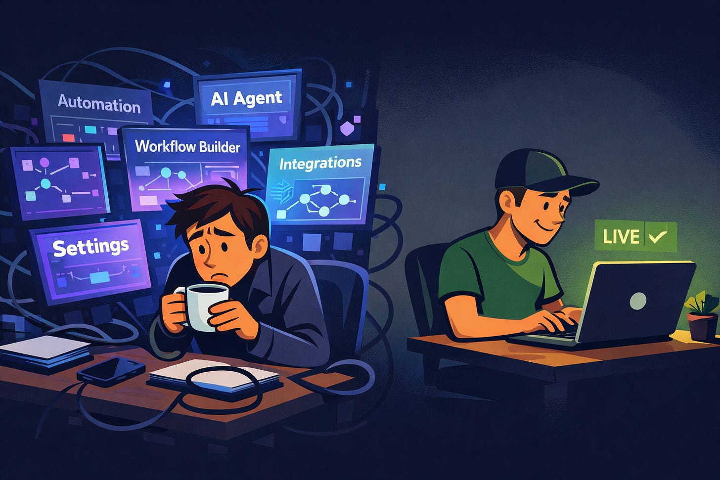 Split screen with a man surrounded by screens and AI automation tasks and on the right side, a man smiling on a single laptop with a caption that says Live