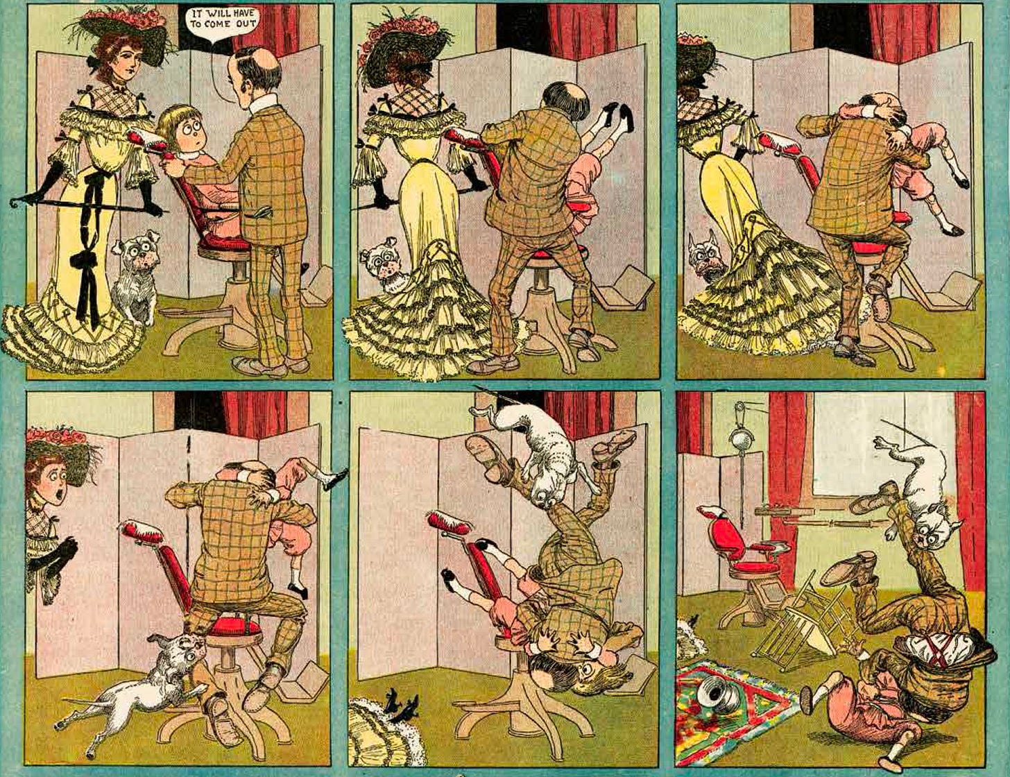 In the 1902 strip “Buster Brown’s Experience at the Dentist’s,” the action is spilling out beyond the edges of the panels. Buster is so resitant to orthodontic care that the dentistry gives way to a pitched wrestling bout. In the 1902 strip “Buster Brown’s Experience at the Dentist’s,” the action is spilling out beyond the edges of the panels. Buster is so resitant to orthodontic care that the dentistry gives way to a pitched wrestling bout.