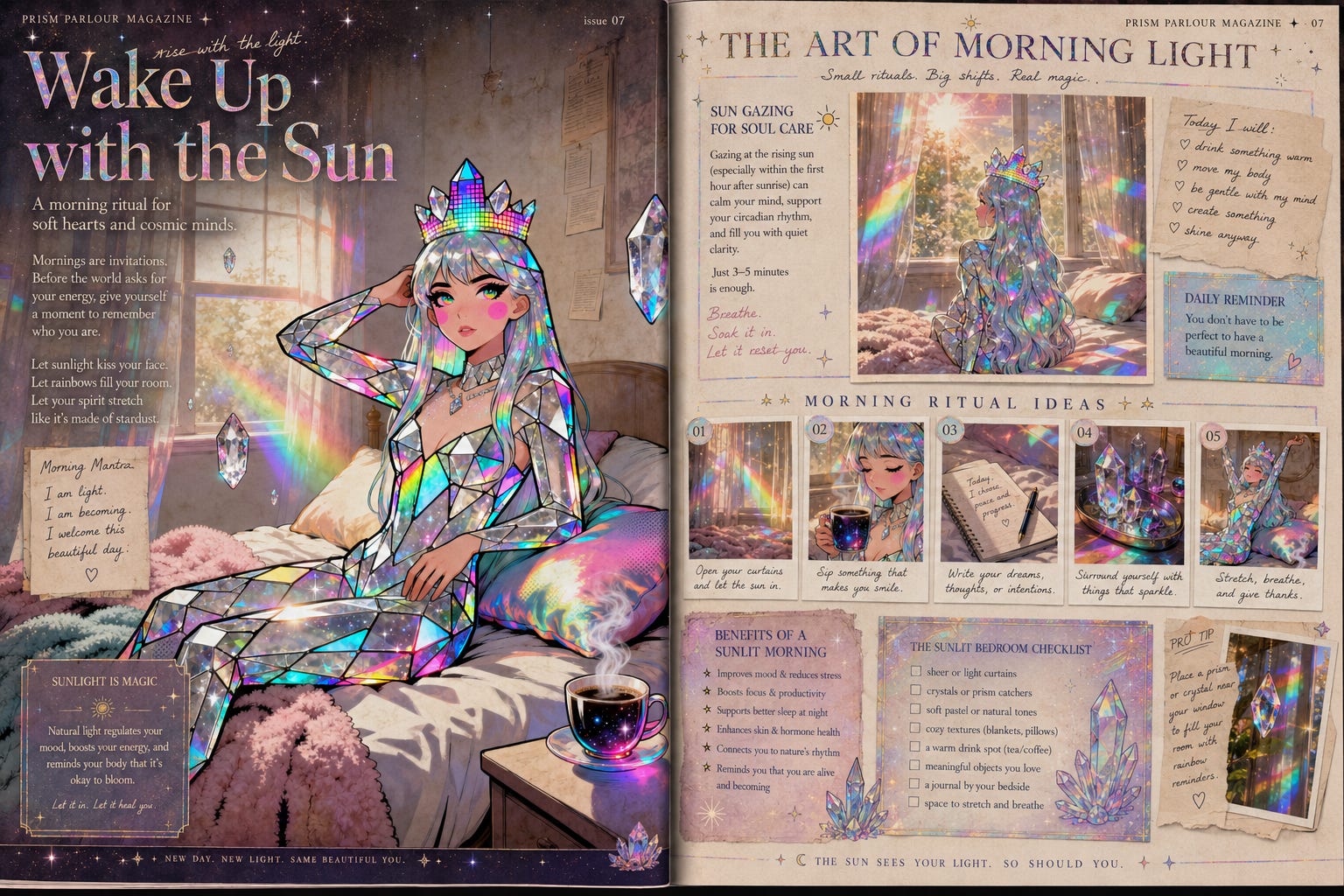 A sunlit crystal bedroom filled with morning light