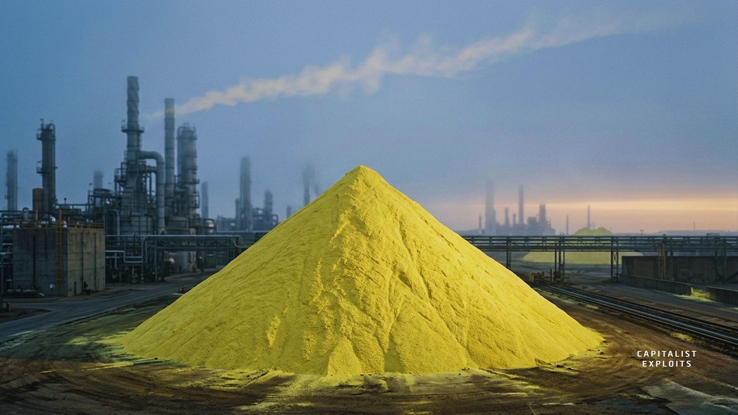 Large yellow sulfur pile at industrial refinery complex with smokestacks and processing equipment