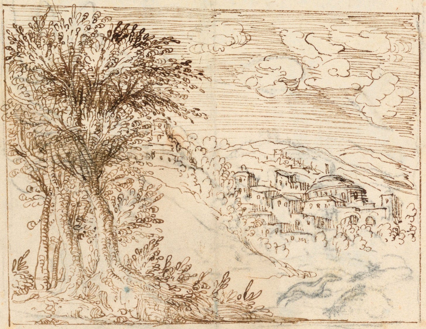Drawing in charcoal, pen, and ink: View of a valley with a town. A group of trees in the foreground Drawing in charcoal, pen, and ink: View of a valley with a town. A group of trees in the foreground